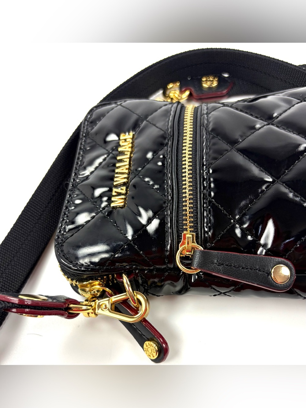 MZ Wallace Micro Crosby Patent Phone Crossbody Black Gold Hardware - Picture 9 of 16